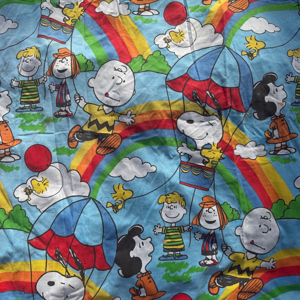 Vintage Peanuts Snoopy Charlie Brown Rainbow Twin Flat Sheet Blue Cotton Bedding